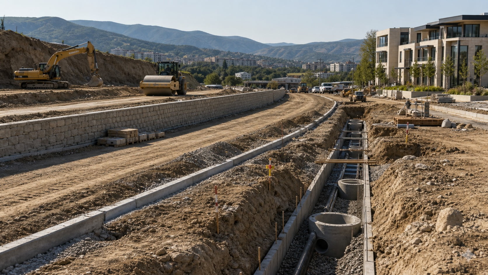 Civil works, access roads, utilities, and early site infrastructure for a commercial platform.